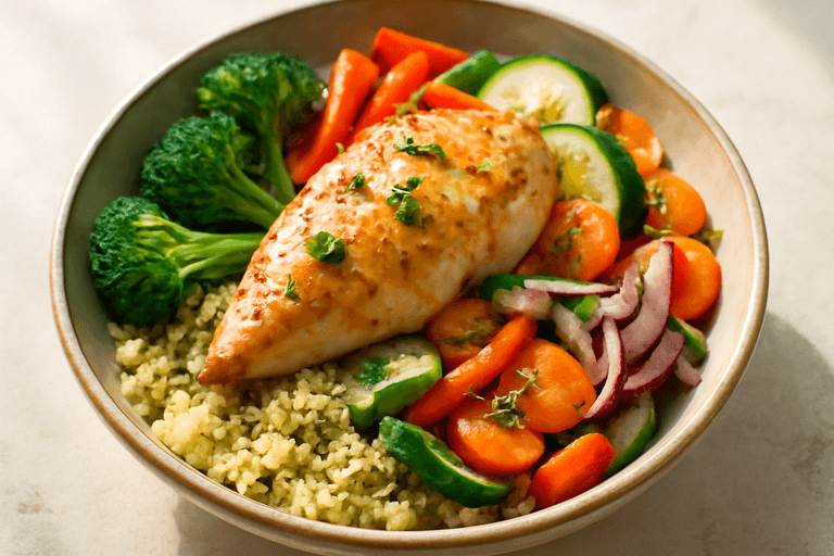 Bol cald de pui cu quinoa și legume crocante