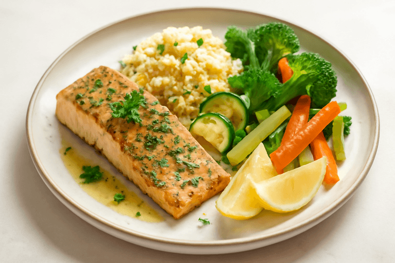 Saumon rôti aux herbes, quinoa citronné et légumes croquants