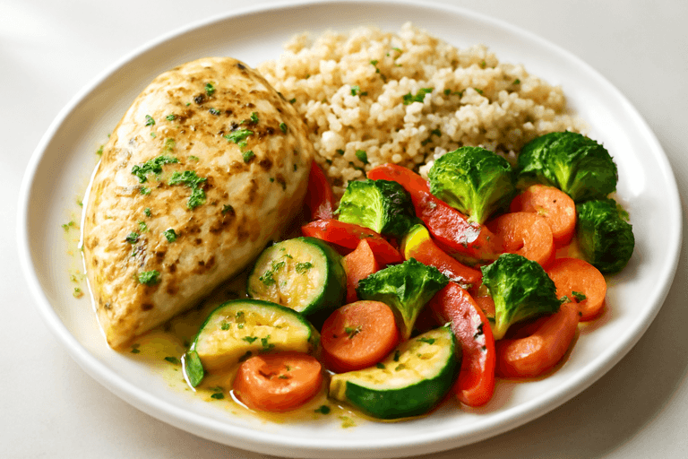 Κοτόπουλο λεμονάτο με κινόα και ψητά λαχανικά