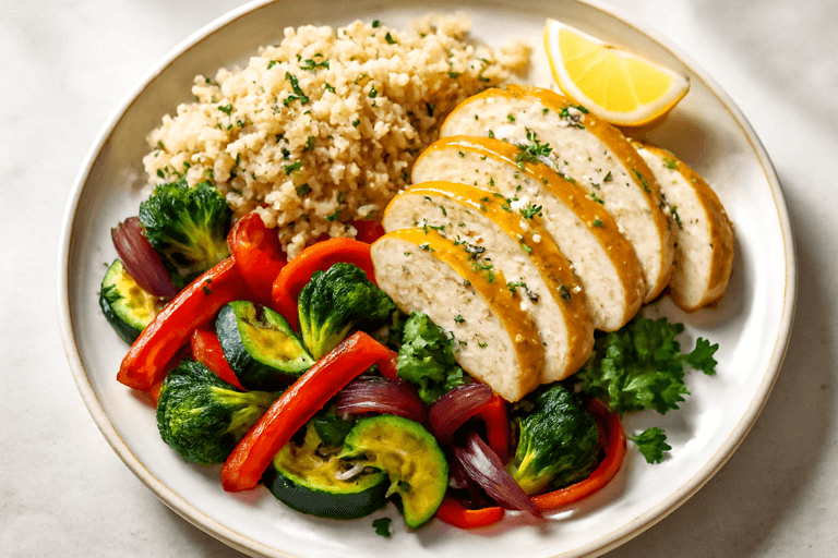 Citroen-kruidenkip met geroosterde groenten en quinoa