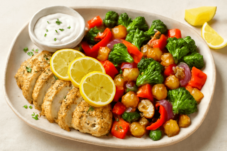 Zitronen-Kräuter-Hähnchen mit Ofengemüse und Joghurt-Dip