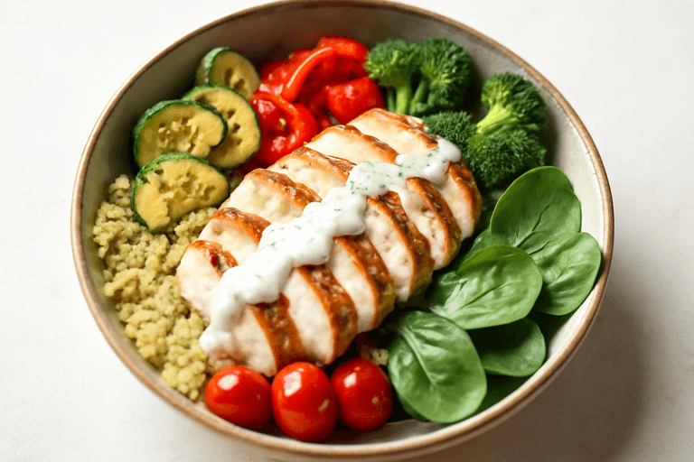 Protein-Bowl mit Hähnchen, Quinoa und Ofengemüse