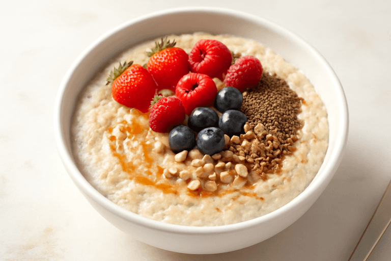 Protein-Porridge-Bowl mit Beeren und Chiasamen
