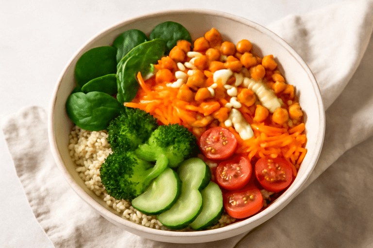 Protein-Bowl mit Quinoa, Kichererbsen und Zitronen-Tahini