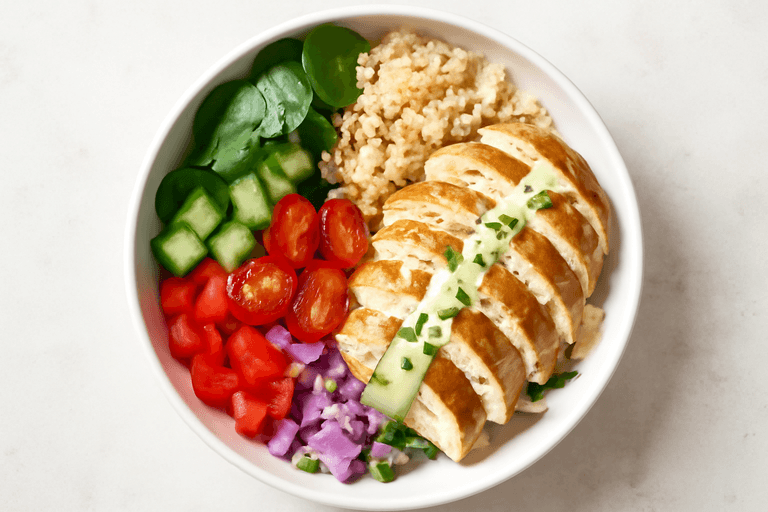 Mediterrane Hähnchen-Bowl mit Quinoa und Zitronen-Joghurt