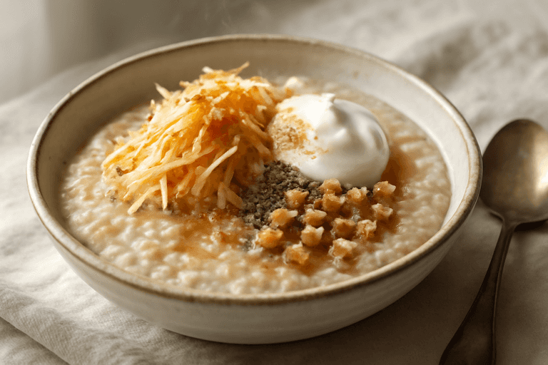 Krämig havregrynsskål med äpple, kanel och kvarg