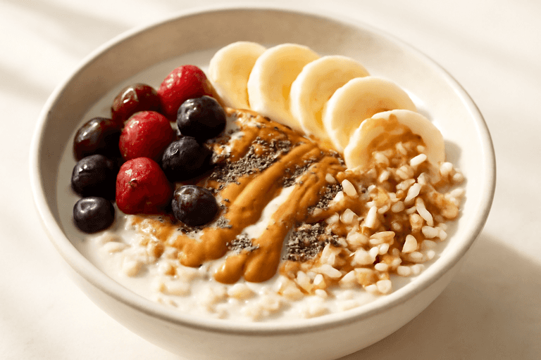 Proteinreiche Beeren-Hafer-Bowl mit Chia und Mandeln
