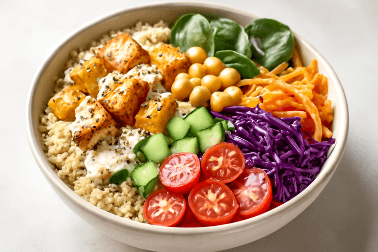 Protein-Bowl mit Quinoa, knusprigem Tofu und Zitronen-Tahin-Dressing
