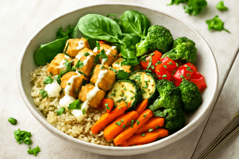 Leichte Quinoa-Bowl mit knusprigem Tofu und Zitronen-Tahini-Dressing