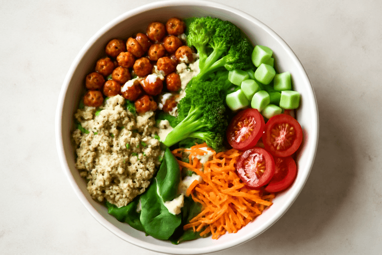 Leichte Quinoa-Bowl mit Kichererbsen, Brokkoli und Zitronen-Tahini-Dressing