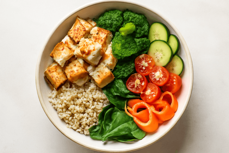 Protein-Bowl mit knusprigem Tofu, Quinoa und Zitronen-Tahini-Dressing