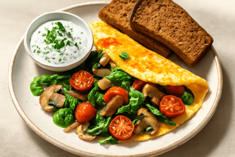 Herzhafte Protein-Omelett-Pfanne mit Gemüse und Kräuterquark
