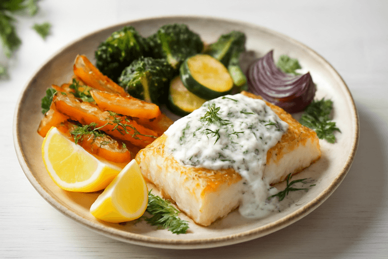 Citronbakad torsk med rostade grönsaker och örtig yoghurt