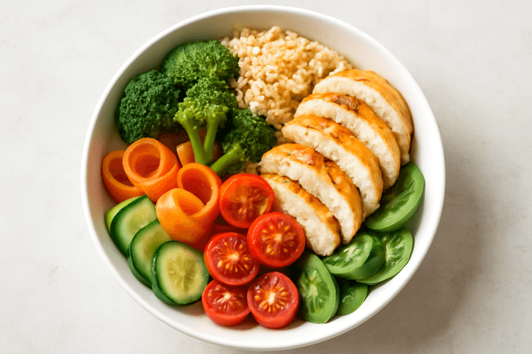 Bol protéiné de poulet grillé, quinoa et légumes croquants