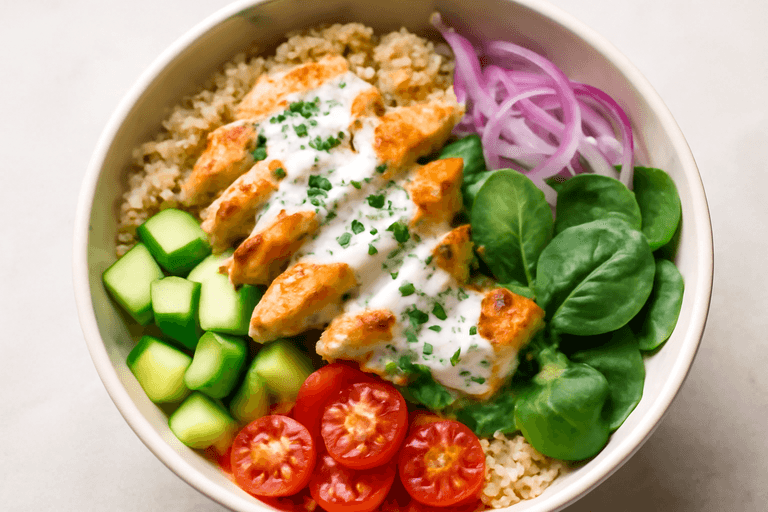 Bowl de pollo mediterráneo con quinoa y yogur limón