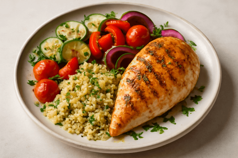 Poulet grillé méditerranéen, quinoa citronné et légumes rôtis