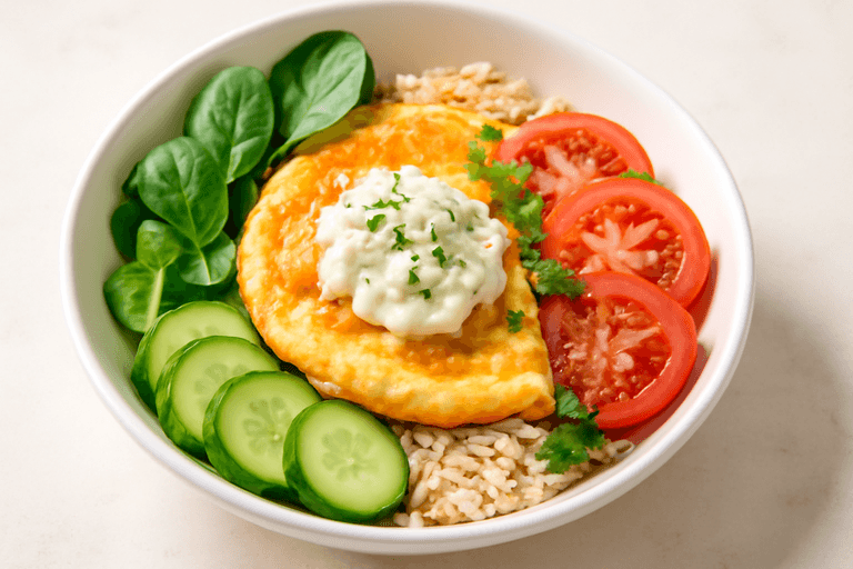 Белковый омлет-боул с овсянкой и свежими овощами