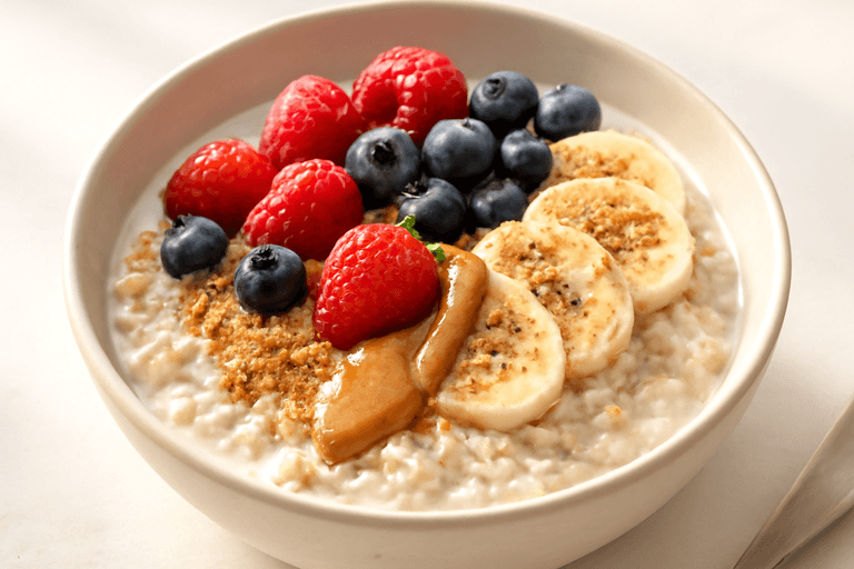 Proteinreiche Beeren-Hafer-Bowl mit Chia und Mandelmus