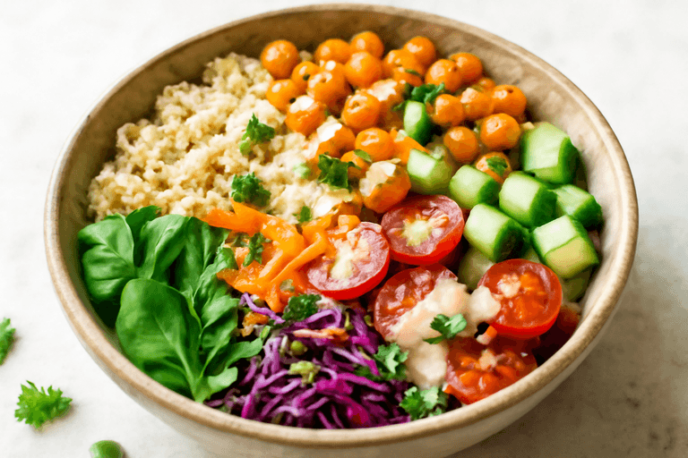 Protein-Bowl mit Quinoa, Kichererbsen und Zitronen-Tahini-Dressing