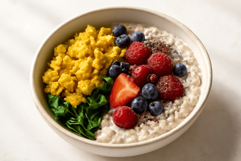 Protein-Bowl mit Tofu-Scramble, Spinat und Beeren-Hafer