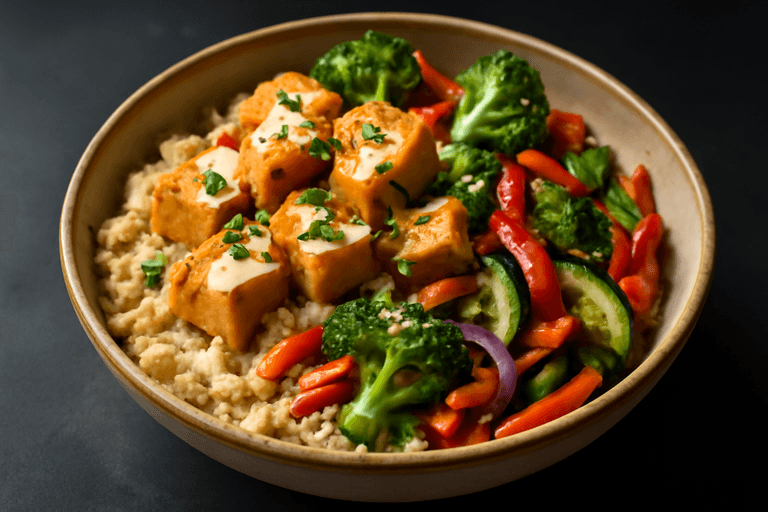 Proteinreiche Quinoa-Tofu-Gemüsepfanne mit Zitronen-Tahini