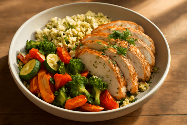 Bol de poulet grillé, quinoa citronné et légumes rôtis