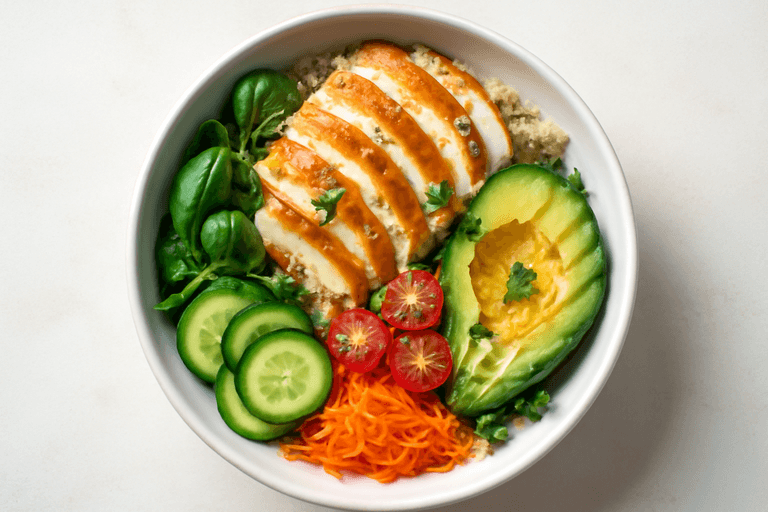 Bol de poulet grillé, quinoa croquant et légumes frais