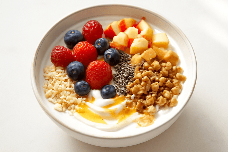 Bowl energético de yogur con avena, frutos rojos y chía