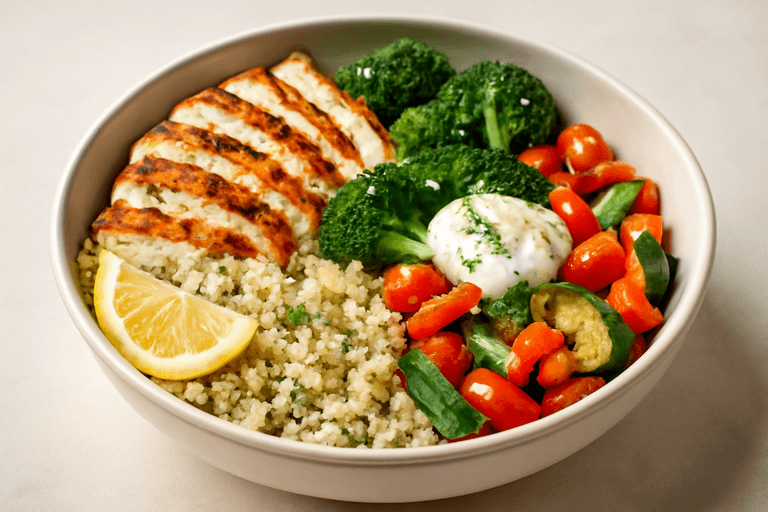 Bol de poulet grillé, quinoa citronné et légumes croquants