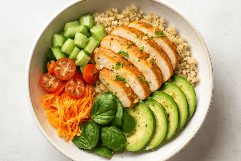 Bol protéiné de poulet grillé, quinoa et légumes croquants