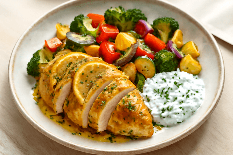 Citronkyckling med rostade grönsaker och örtig yoghurtsås