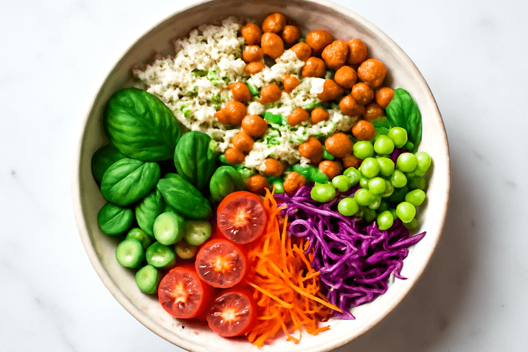 Protein-Bowl mit Quinoa, Kichererbsen und Zitronen-Tahini