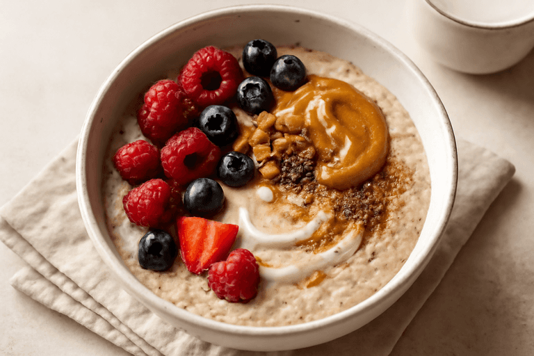 Protein-Porridge mit Beeren, Chiasamen und knusprigen Mandeln