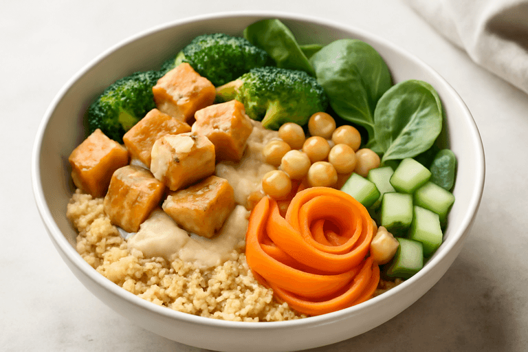 Proteinreiche Quinoa-Bowl mit knusprigem Tofu und Zitronen-Tahini-Dressing