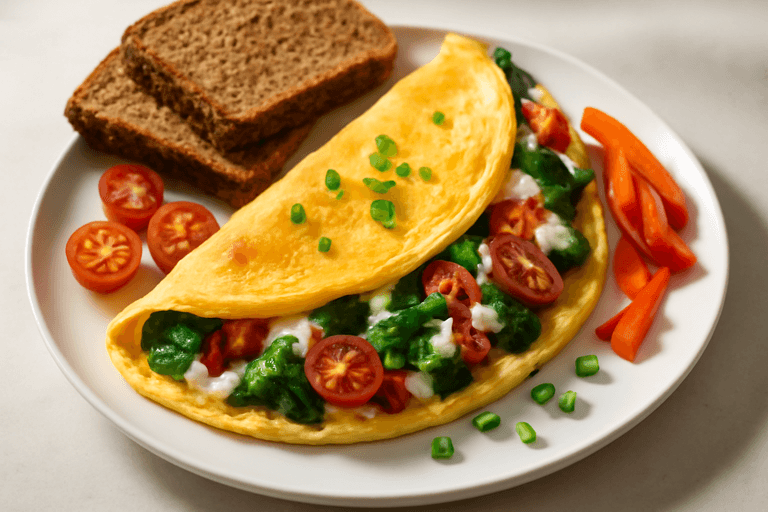 Omletă mediteraneană cu brânză cottage și legume crocante