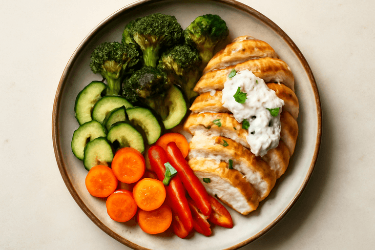 Citronkyckling med rostade grönsaker och örtyoghurt