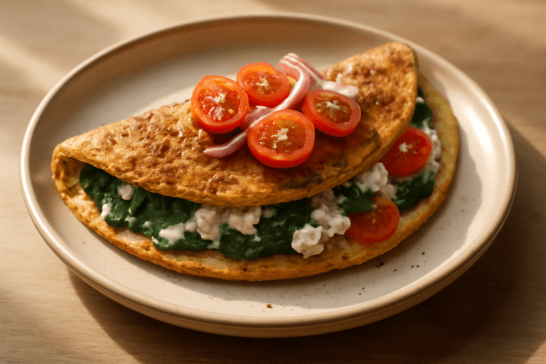 Proteinrik havreomelett med spinat og cottage cheese