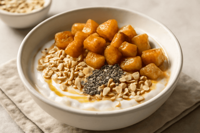 Bol protéiné au yaourt, pommes chaudes et avoine croquante