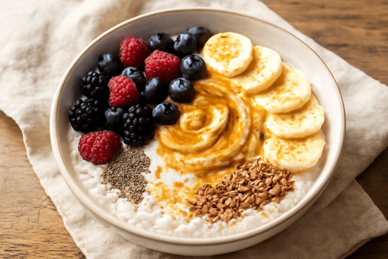 Grüne Power-Haferbowl mit Beeren und Chiasamen