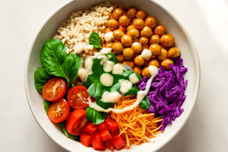 Protein-Bowl mit Quinoa, Kichererbsen und Zitronen-Tahini