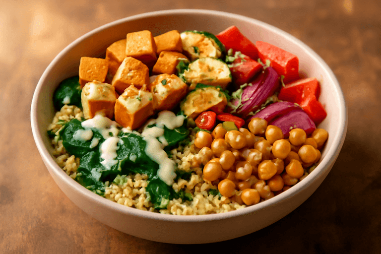 Proteinreiche Quinoa-Bowl mit geröstetem Tofu und Zitronen-Tahini-Dressing