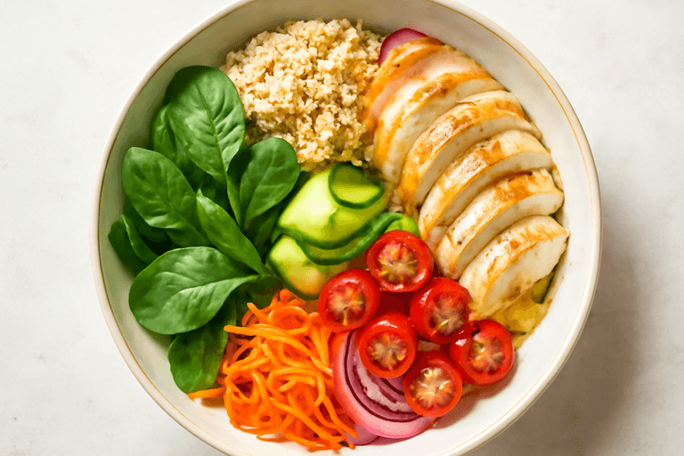 Bowl Proteica di Pollo, Quinoa e Verdure Croccanti