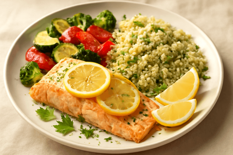 Saumon citronné, quinoa aux herbes et légumes rôtis