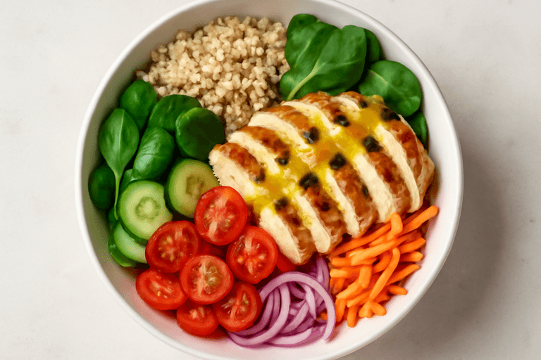 Bowl Proteica di Pollo, Quinoa e Verdure Croccanti