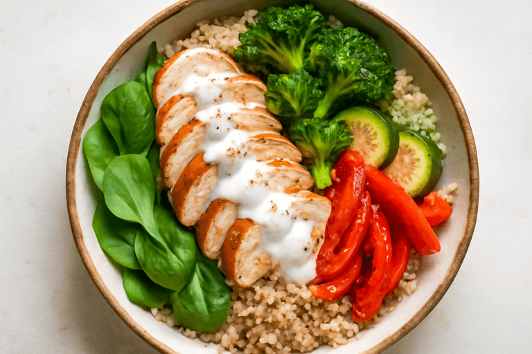 Proteinrik kyckling- och quinoabowl med citronyoghurt
