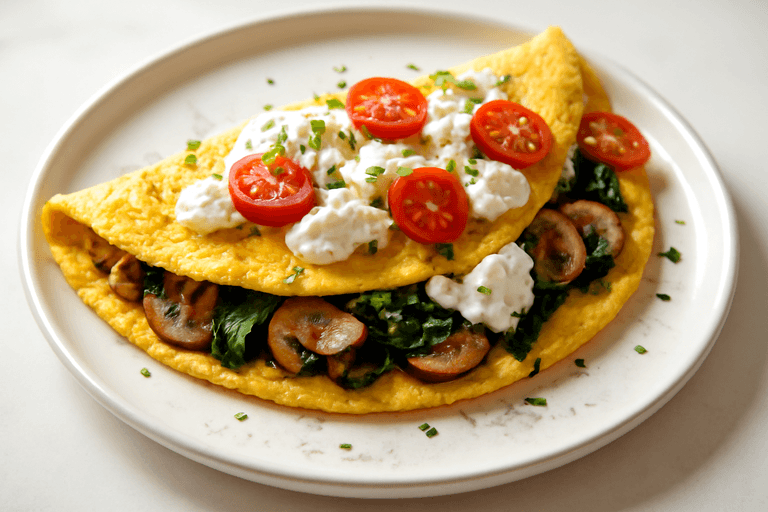 Energie-Omelet met Spinazie, Champignons en Hüttenkäse