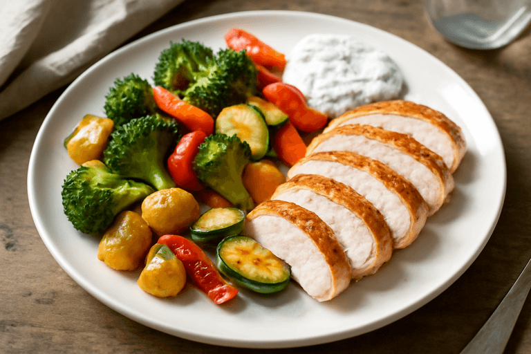 Lichte kipfilet met geroosterde groenten en kruidige yoghurtsaus