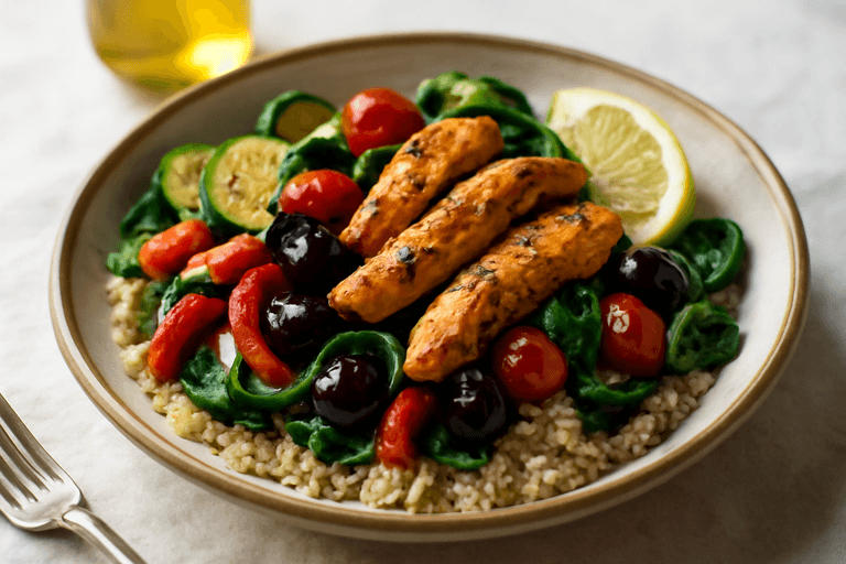 Pollo alla mediterranea con quinoa e verdure croccanti