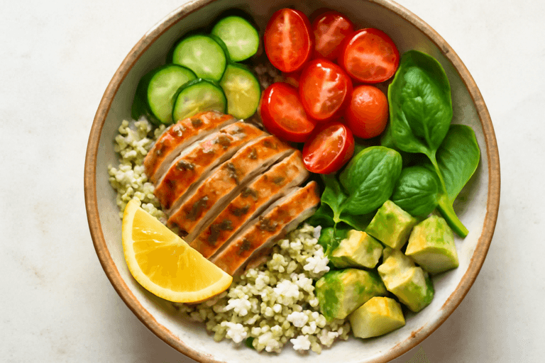Bol déjeuner méditerranéen au poulet, quinoa et légumes croquants