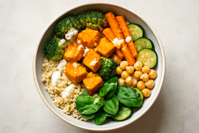 Leichte Quinoa-Bowl mit knusprigem Tofu und Zitronen-Tahini-Dressing